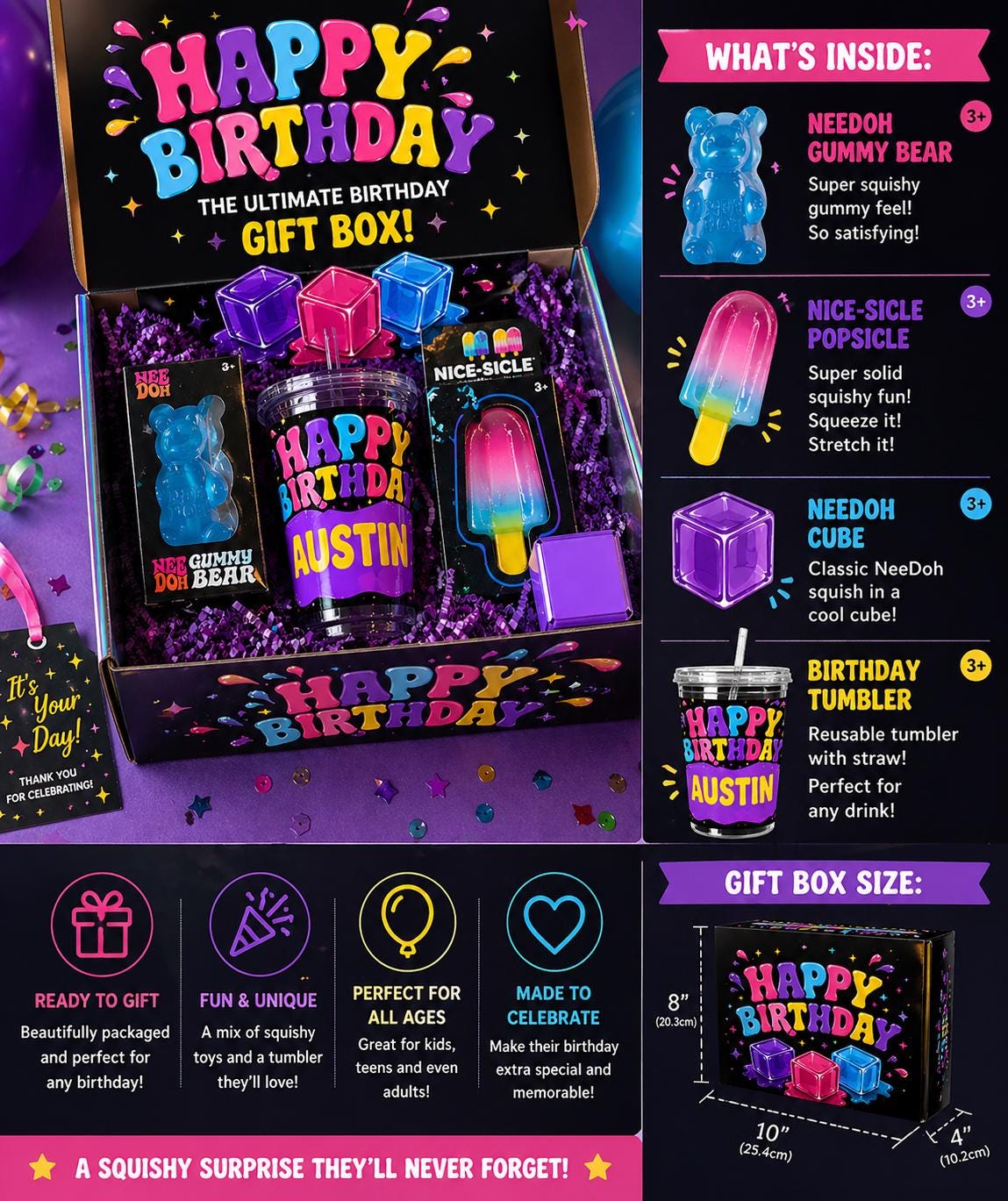 Personalized Gift Sets Kids Party Birthday – Squishy Sensory Stress, Viral Gel Cube (Set), Custom Name Gift, GenZ Favorites