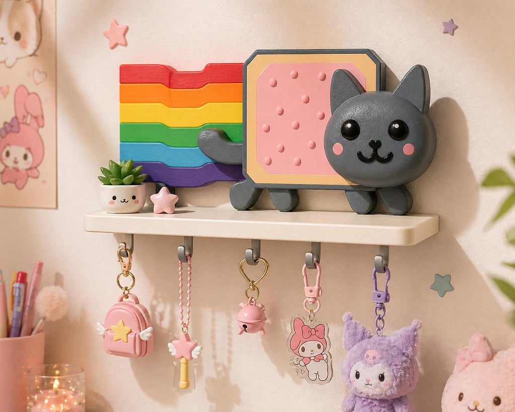 Rainbow Cat Wall Shelf ,Key Holder, Kawaii Organizer for Charms and Plush, Cute Gamer Room Decor, Pastel Aesthetic Gift