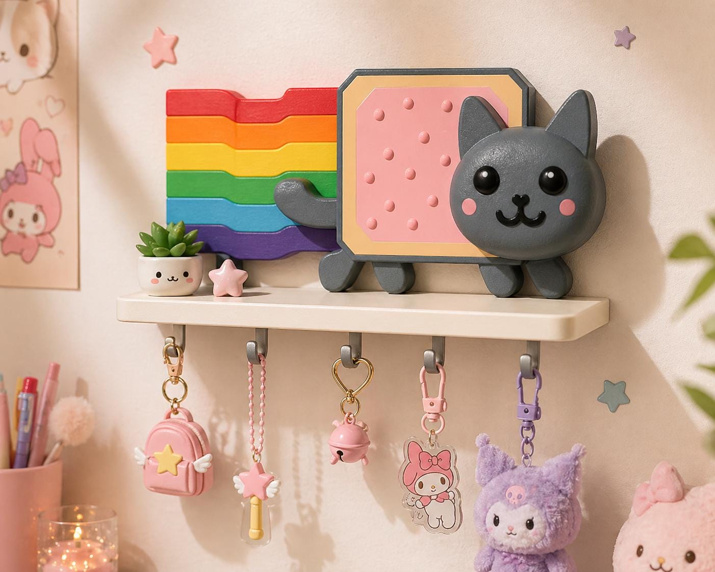 Rainbow Cat Wall Shelf ,Key Holder, Kawaii Organizer for Charms and Plush, Cute Gamer Room Decor, Pastel Aesthetic Gift
