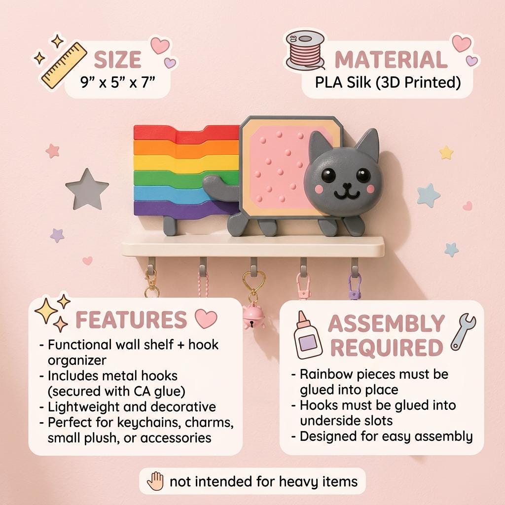 Rainbow Cat Wall Shelf ,Key Holder, Kawaii Organizer for Charms and Plush, Cute Gamer Room Decor, Pastel Aesthetic Gift