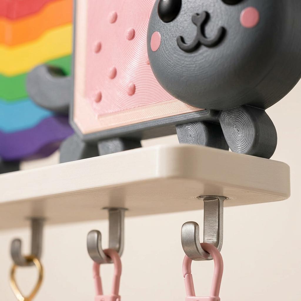 Rainbow Cat Wall Shelf ,Key Holder, Kawaii Organizer for Charms and Plush, Cute Gamer Room Decor, Pastel Aesthetic Gift