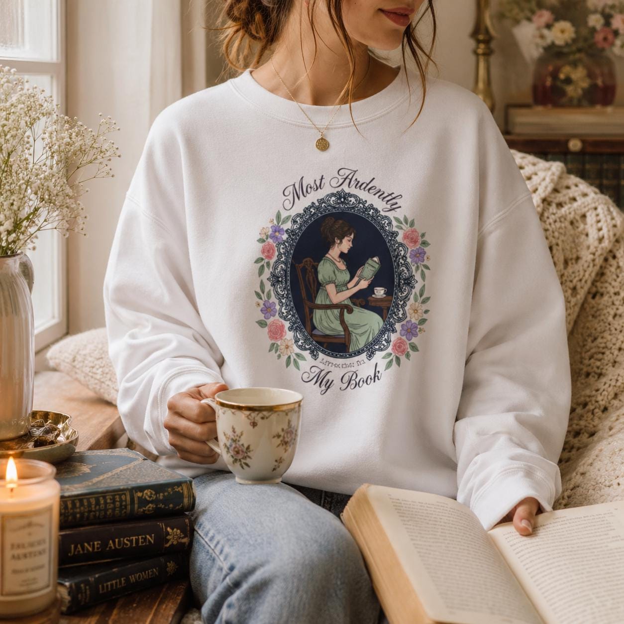 Romantic Book Lover Sweatshirt, Vintage Reading Girl Crewneck, Cottage core Bookish Sweater, Gift for Readers, Regency Aesthetic