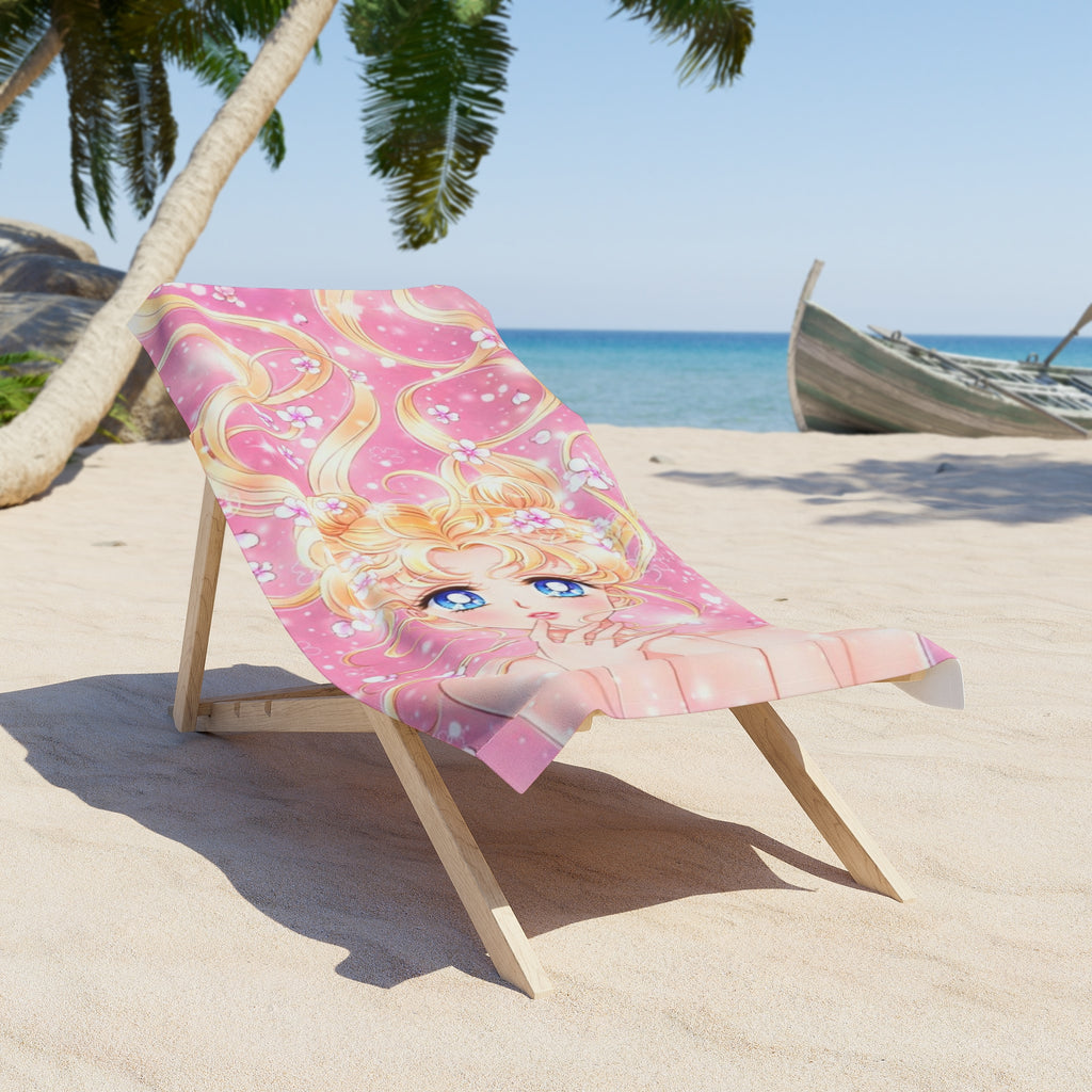Sailor Girl Pink Anime Beach Towel — Magical Girl Illustration