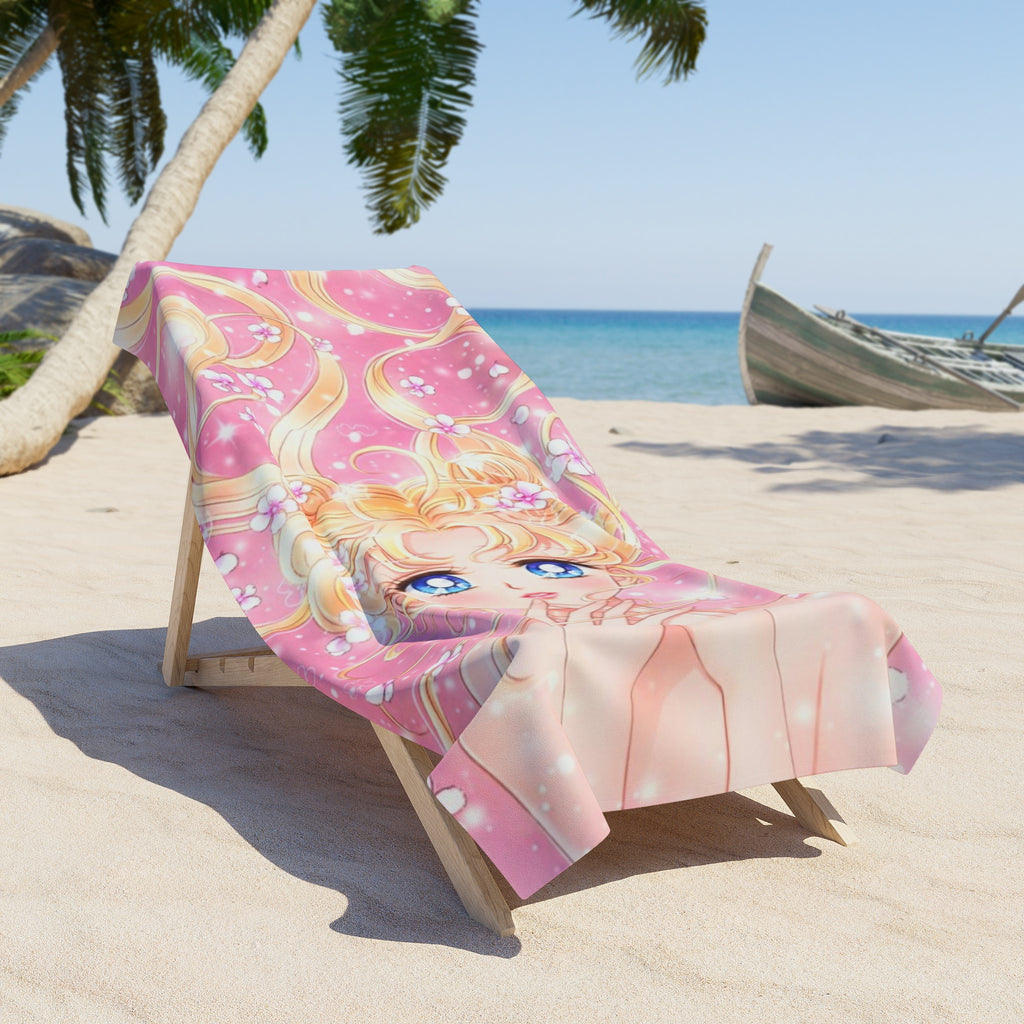 Sailor Girl Pink Anime Beach Towel — Magical Girl Illustration