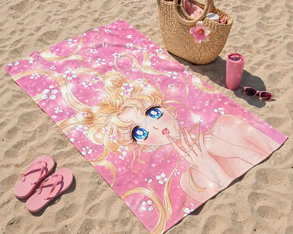 Sailor Girl Pink Anime Beach Towel Magical Girl Illustration