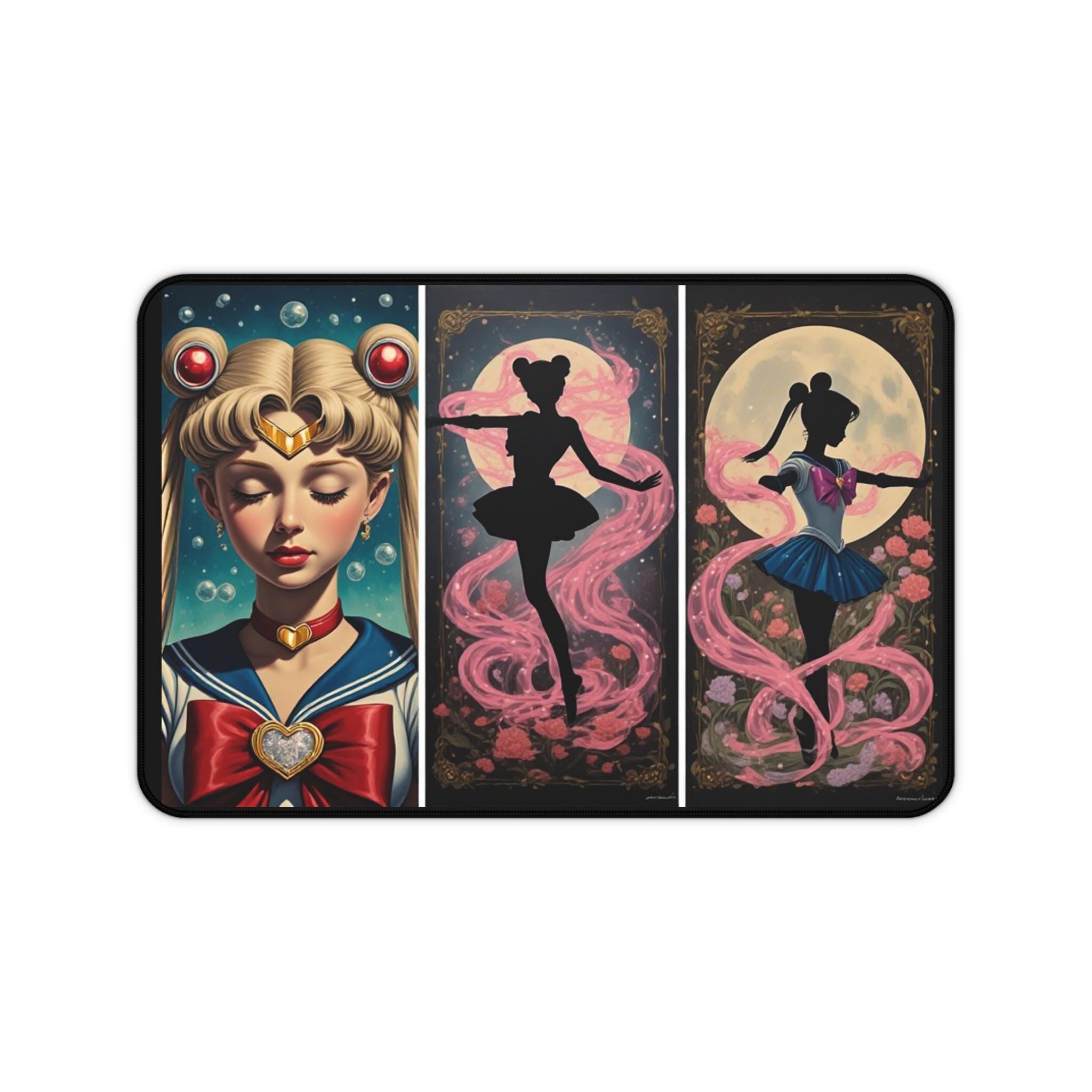 Sailor Magical girl Triptych Illustration Transformation Desk Mat | Anime Moonlit Silhouettes