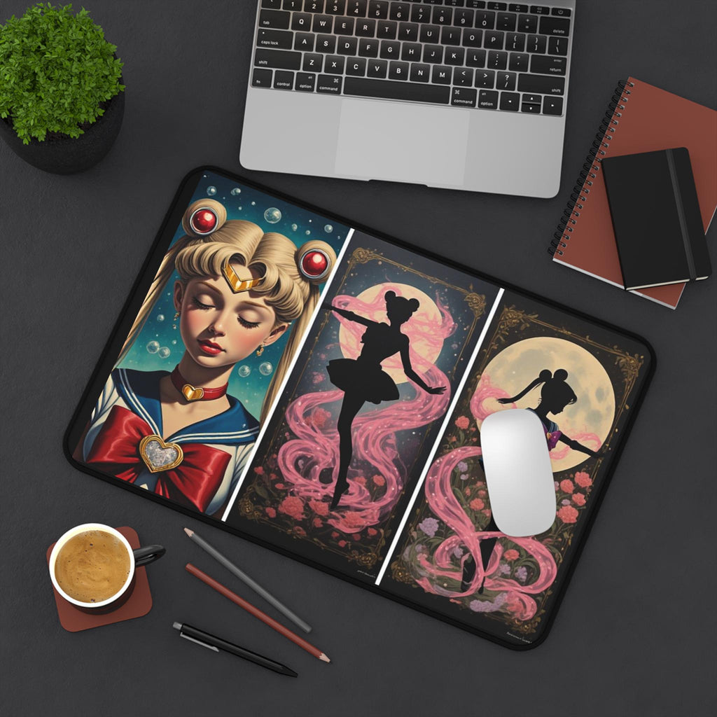 Sailor Magical girl Triptych Illustration Transformation Desk Mat | Anime Moonlit Silhouettes