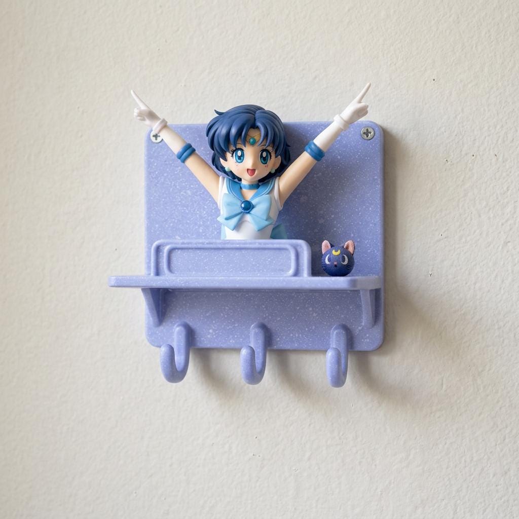 Sailor Mercury Shelf with Hooks, Magical Girl Fan Art Decor, Customizable Nameplate