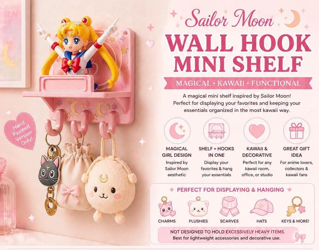 Sailor Moon Inspired Shelf with Hooks, 3D Printed, Hand-Painted, Custom Name Decor