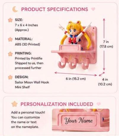 Sailor Moon Inspired Shelf with Hooks, 3D Printed, Hand-Painted, Custom Name Decor