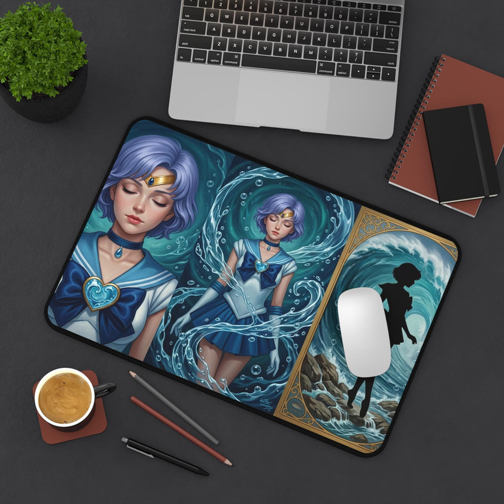Sailor Sea Ocean Mercury Themed Triptych Illustration Transformation Desk Mat | Anime Moonlit Silhouettes