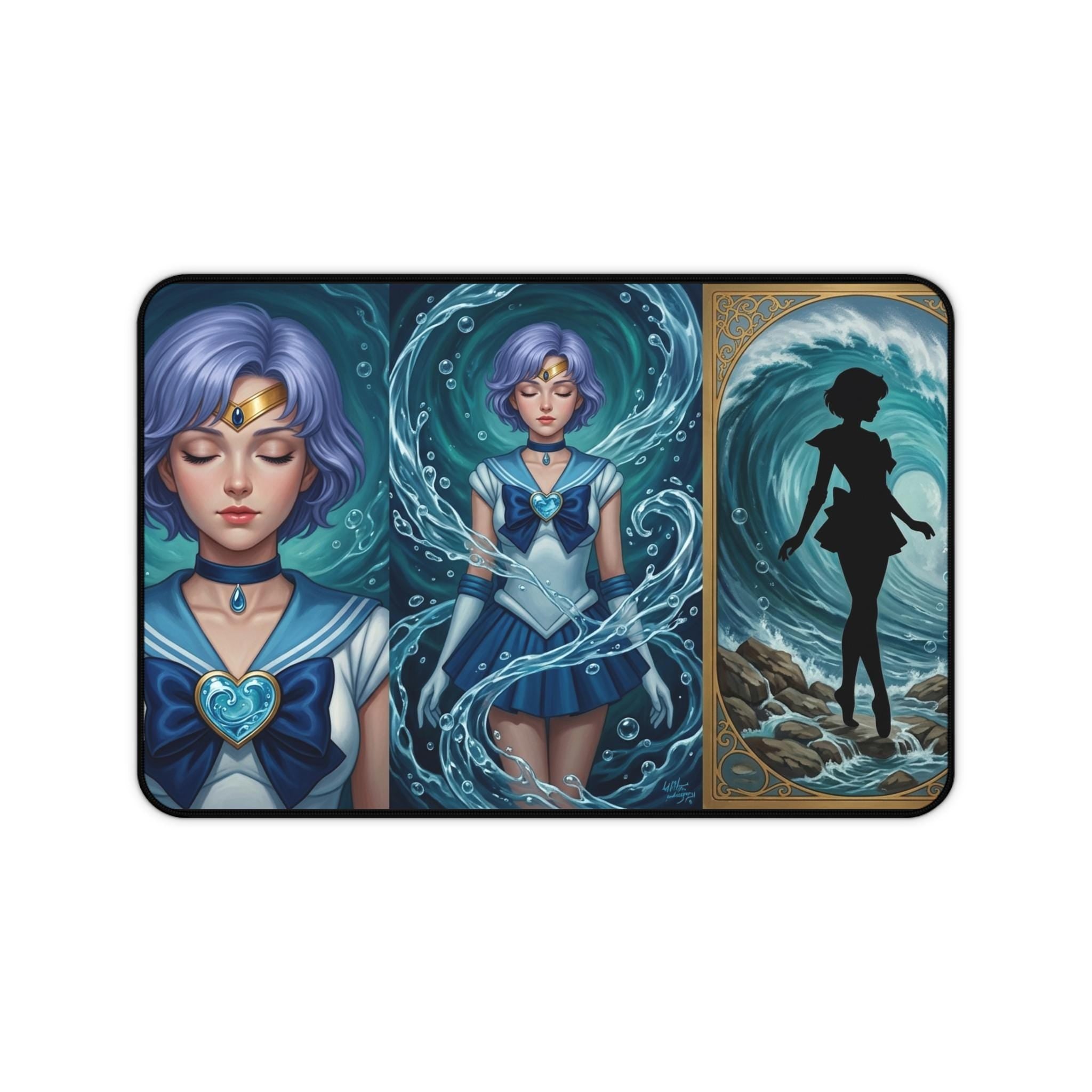Sailor Sea Ocean Mercury Themed Triptych Illustration Transformation Desk Mat | Anime Moonlit Silhouettes