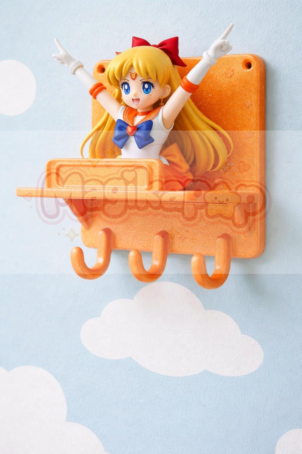 Sailor Venus Inspired Wall Shelf with Hooks, Hand-Painted Kawaii Decor