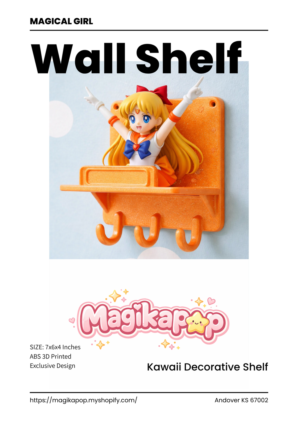 Sailor Venus Inspired Wall Shelf with Hooks, Hand-Painted Kawaii Decor